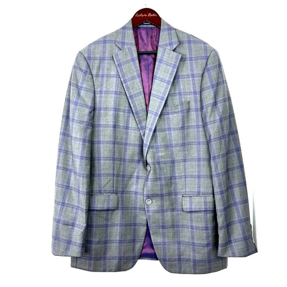 Hart Schaffner Marx Chicago Fit Men Gray Purple Plaid Sport Coat Blazer Wool 43L - Picture 1 of 10